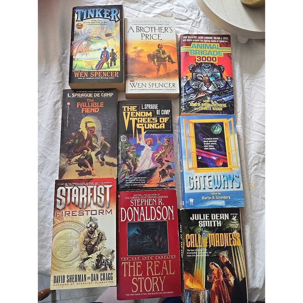 Lot of 9 VTG Wen Spencer, L.‎ Sprague De Camp, Martin Greenberg Paperback Books